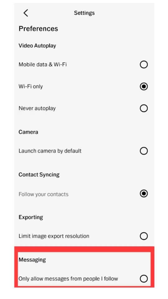 VSCO messaging settings